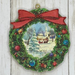 Pretty Snowy Church Scene in Wreath ~ Christmas Ornament ~ Vintage Card Image ~ Glitter and Wood ~ Holiday Tree Decoration C1016