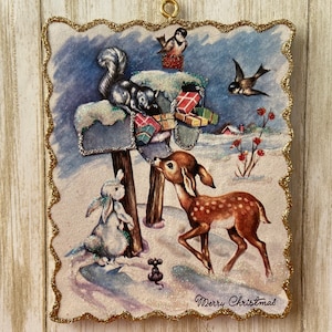 Woodland Animal and Mailboxes ~ Christmas Ornament ~ Vintage Card Image ~ Glitter and Wood ~ Holiday Tree Decoration C1031