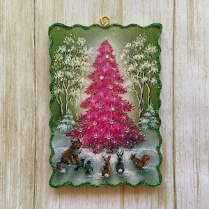 Pink Woodland Tree * Christmas Tree Ornament * Vintage Card Image * Wood and Glitter * Holiday Decoration C1023