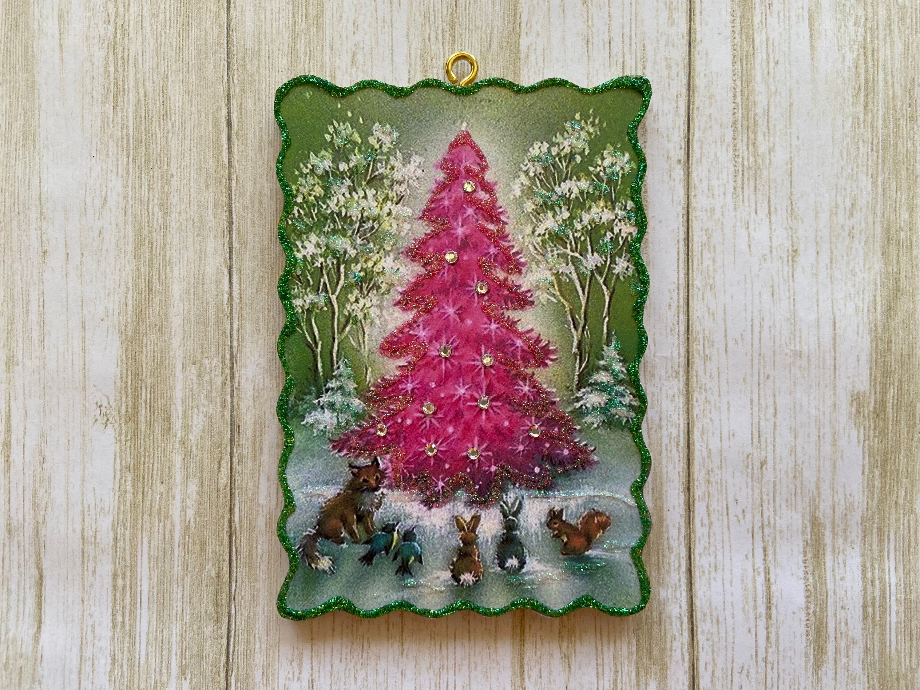 Pink Woodland Tree * Christmas Tree Ornament * Vintage Card Image