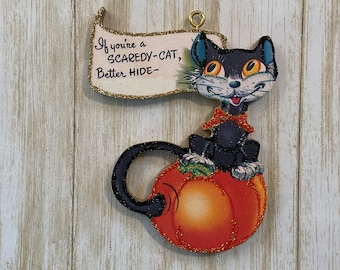 Black Cat Sitting on Pumpkin ~ Halloween Ornament ~ Vintage Card Image ~ Glitter and Wood ~ Holiday Tree Decoration H271