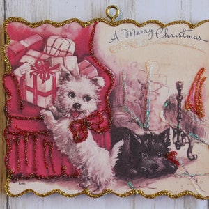 Westie & Scottie with Presents ~ Christmas Ornament ~ Vintage Card Image ~ Glitter and Wood ~ Holiday Tree Decoration C409