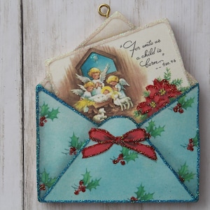 Angels and Baby Jesus Card in Envelope ~ Glittered Christmas Ornament ~ Vintage Card Image ~ Wood and Glitter ~ Holiday Tree Decoration C243