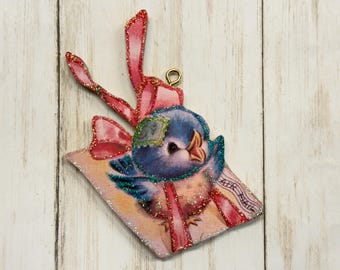 Bluebirds Sent with a Stamp * Tree Ornament * Vintage Card Image * Wood and Glitter * Holiday Decoration