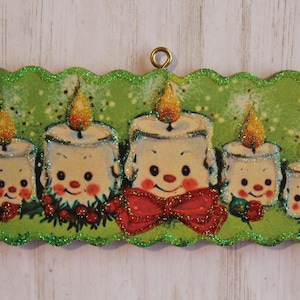 Anthropomorphic Candle Family ~ Christmas Ornament ~ Vintage Card Image ~ Glitter and Wood ~ Holiday Tree Decoration C856