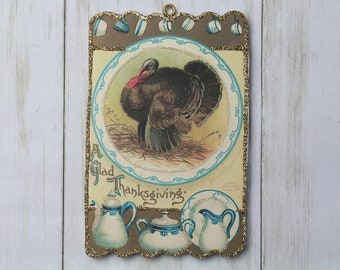 Turkey and Dishes ~ Glittered Thanksgiving Ornament ~ Vintage Card Image ~ Wood and Glitter ~ Holiday Tree Decoration T37