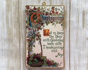 Sweet Greetings for Joy ~ Thanksgiving Ornament ~ Vintage Card Image ~ Glitter and Wood ~ Holiday Tree Decoration