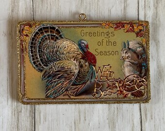 Turkey and Squirrel ~ Glittered Thanksgiving Ornament ~ Vintage Card Image ~ Wood and Glitter ~ Holiday Tree Decoration T