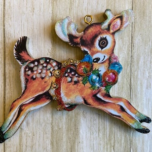 Reindeer with Ornaments ~ Christmas Ornament ~ Vintage Card Image ~ Glitter and Wood ~ Holiday Tree Decoration C1166