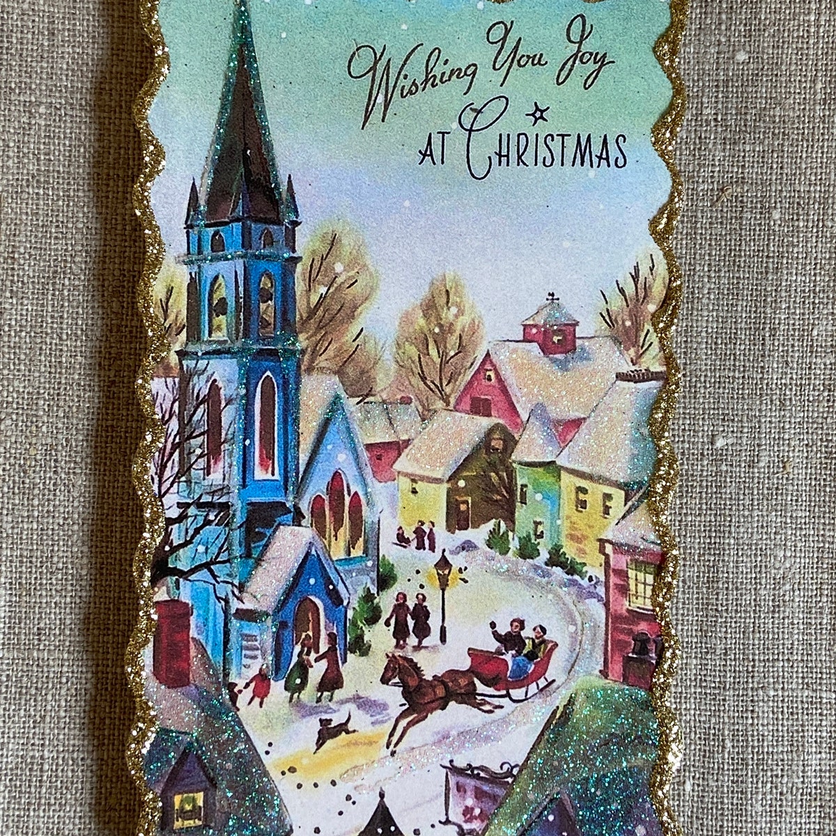 Snow Covered Town ~ Christmas Ornament ~ Vintage Card Image ~ Glitter and Wood ~ Holiday Tree Decoration C1242 - Etsy