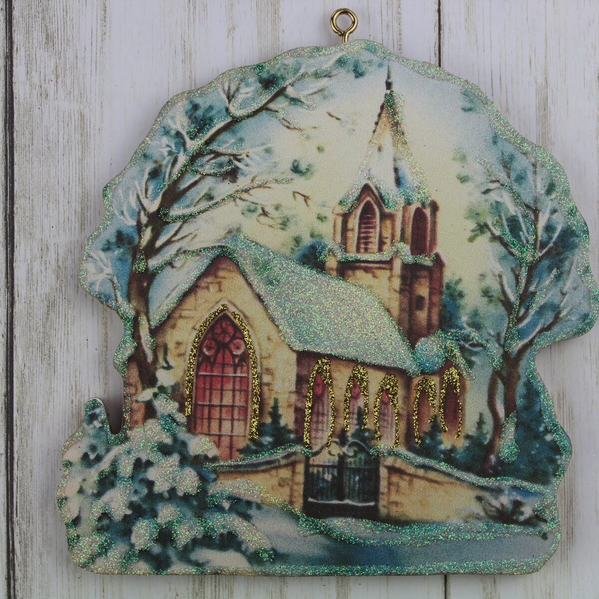 Snow Covered Church ~ Christmas Ornament ~ Vintage Card Image ~ Glitter and Wood ~ Holiday Tree Decoration - Etsy