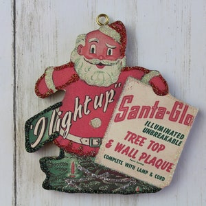 Santa Glo Tree Top Ornament * Christmas Tree Ornament * Vintage Card Image * Wood and Glitter * Holiday Decoration C136