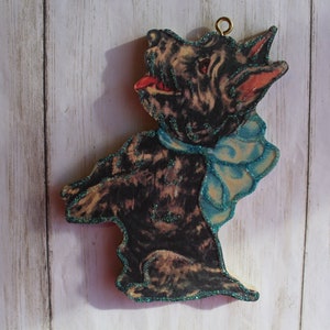 Scottie Dog Sitting Up Begging ~ Christmas Ornament ~ Vintage Card Image ~ Glitter and Wood ~ Holiday Tree Decoration