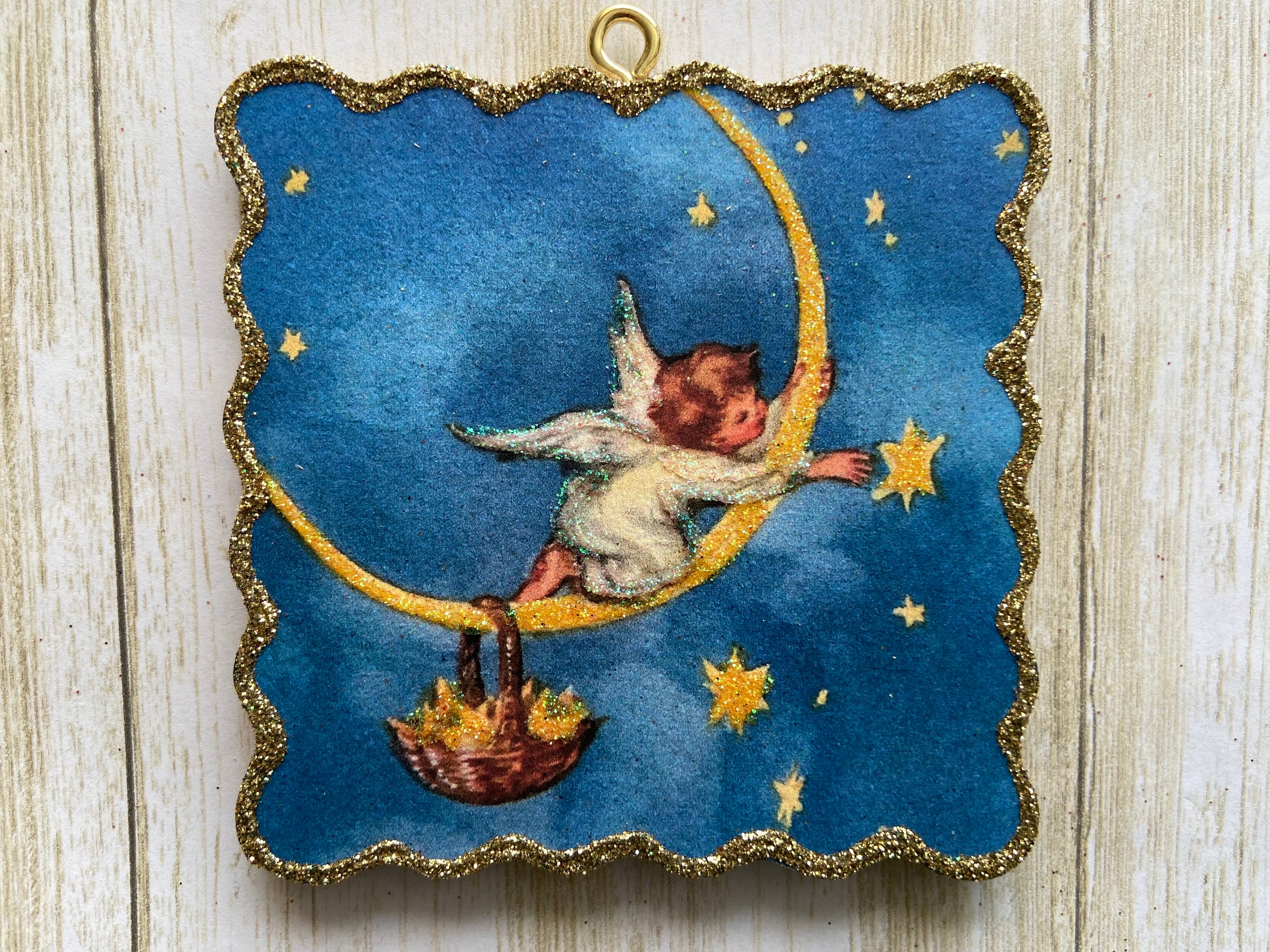 Angel Gathering Stars ~ Christmas Ornament ~ Vintage Card Image ~ Glitter and Wood ~ Holiday Tree Decoration C1049
