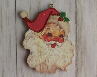 Jolly Santa ~ Christmas Ornament ~ Vintage Card Image ~ Glitter and Wood ~ Holiday Tree Decoration C211