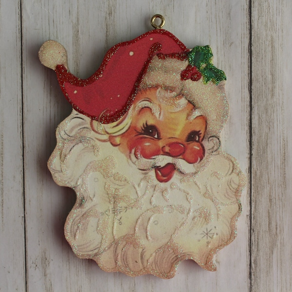 Jolly Santa ~ Christmas Ornament ~ Vintage Card Image ~ Glitter and Wood ~ Holiday Tree Decoration C211