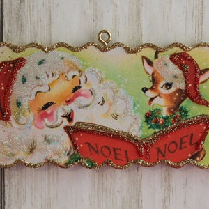 Santa and Reindeer Singing * Christmas Tree Ornament * Vintage Card Image * Wood and Glitter * Holiday Decoration C610