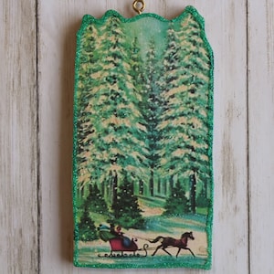 One Horse Open Sleigh ~ Christmas Ornament ~ Vintage Card Image ~ Glitter and Wood ~ Holiday Tree Decoration C257