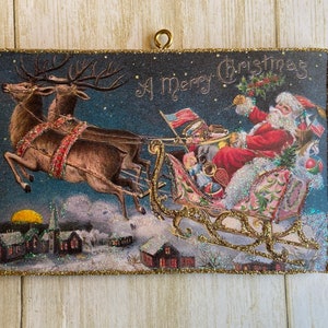 Santa in Sleigh ~ Christmas Ornament ~ Vintage Card Image ~ Glitter and Wood ~ Holiday Tree Decoration C572