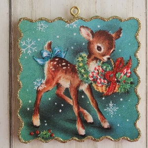 Deer with Basket of Candy Canes ~ Christmas Ornament ~ Vintage Card Image ~ Glitter and Wood ~ Holiday Tree Decoration C882