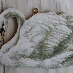 White Swan ~ Glittered Ornament ~ Vintage Card Image ~ Glitter and Wood ~ Holiday Decoration C311