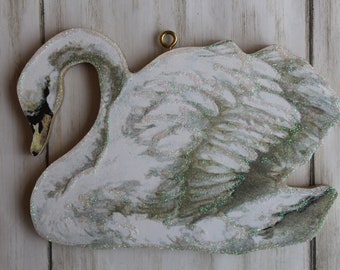 White Swan ~ Glittered Ornament ~ Vintage Card Image ~ Glitter and Wood ~ Holiday Decoration C311