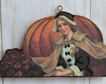 Pilgrim Lady with Pumpkin ~ Glittered Thanksgiving Ornament ~ Vintage Card Image ~ Wood & Glitter ~ Holiday Tree Decoration T16