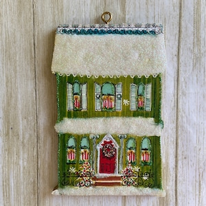 Snow Covered House ~ Christmas Ornament ~ Vintage Card Image ~ Glitter and Wood ~ Holiday Tree Decoration C1174