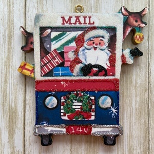 Santa Driving Truck Delivering Pkgs * Christmas Tree Ornament * Vintage Card Image * Wood and Glitter * Holiday Decoration C170