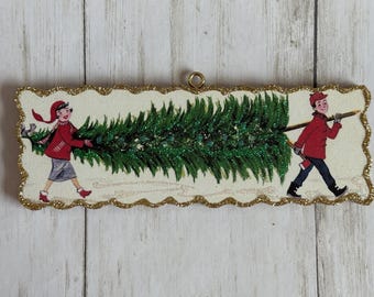 Couple Walking with a Tree ~ Christmas Ornament ~ Vintage Card Image ~ Glitter and Wood ~ Holiday Tree Decoration C