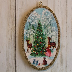 Angel and Woodland Animals Decorate Tree ~ Christmas Ornament ~ Vintage Card Image ~ Glitter and Wood ~ Holiday Tree Decoration C927