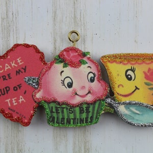 Teacup and Pink Cupcake ~ Valentine Ornament ~ Vintage Card Image ~ Glitter and Wood ~ Holiday Tree Decoration