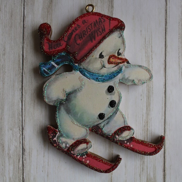 Snowman on Skiis ~ Christmas Ornament ~ Vintage Card Image ~ Glitter and Wood ~ Holiday Tree Decoration C372