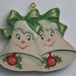 Anthropomorphic Bells * Christmas Ornament * Vintage Card Image * Glitter * Wood * Holiday Decoration #3