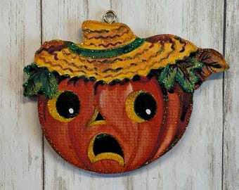 Jack O Lantern with Straw Hat ~ Halloween Ornament ~ Vintage Card Image ~ Glitter and Wood ~ Holiday Tree Decoration H345