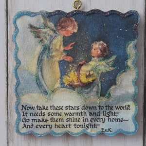 Angels Sprinkling Stars ~ Christmas Ornament ~ Vintage Card Image ~ Glitter and Wood ~ Holiday Tree Decoration C48