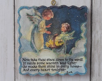 Angels Sprinkling Stars ~ Christmas Ornament ~ Vintage Card Image ~ Glitter and Wood ~ Holiday Tree Decoration C48