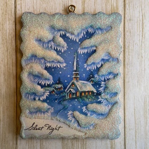 Church Through the Trees ~ Christmas Ornament ~ Vintage Card Image ~ Glitter and Wood ~ Holiday Tree Decoration C306