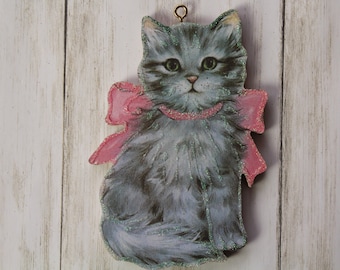 Gray Tabby Cat ~ Glittered Ornament ~ Vintage Card Image ~ Glitter and Wood ~ Holiday Tree Decoration