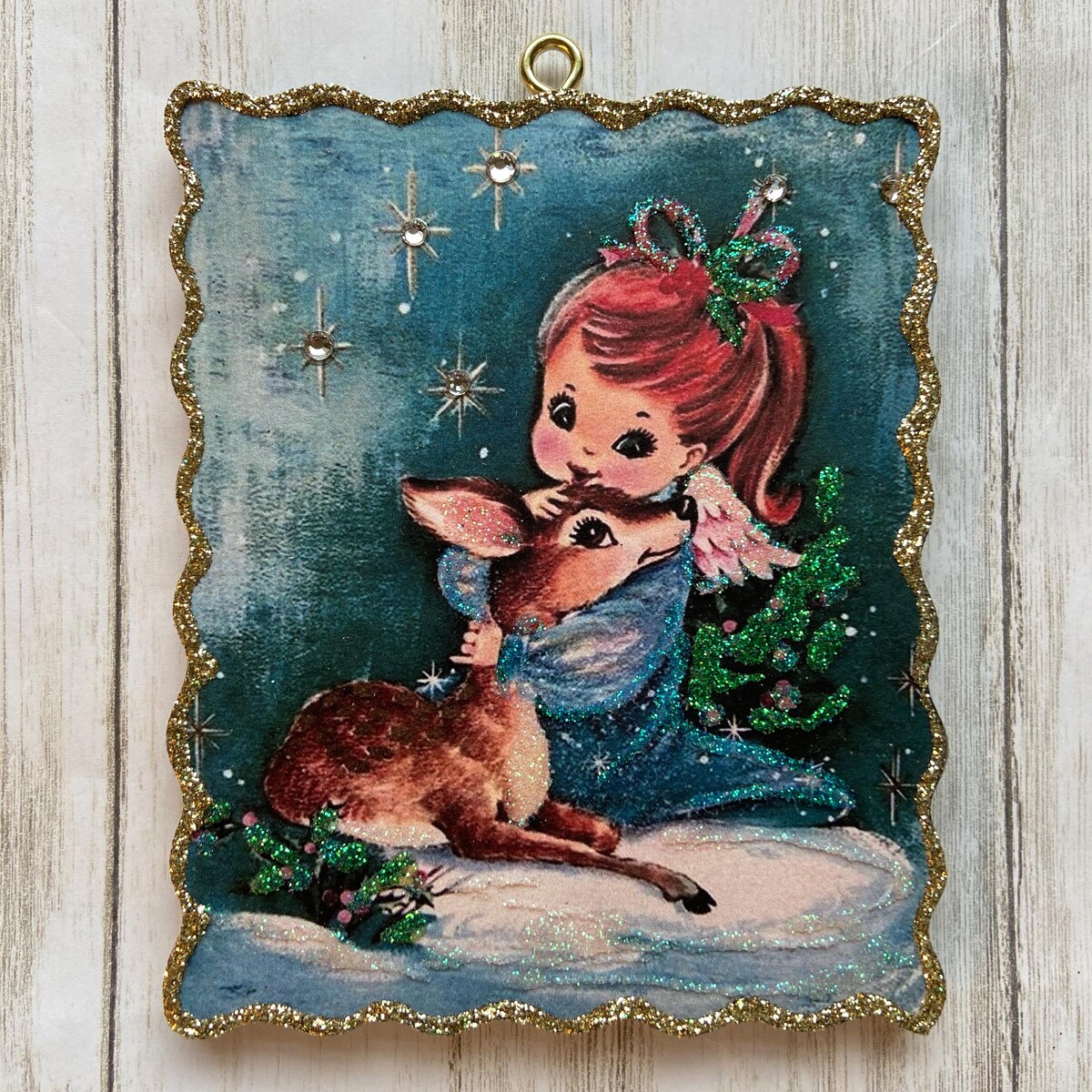 Angel Hugging a Deer ~ Christmas Ornament ~ Vintage Card Image ~ Glitter and Wood ~ Holiday Tree Decoration C1264 - Etsy