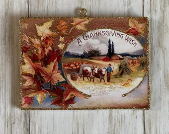 Fall Leaves and Harvest Scene ~ Glittered Thanksgiving Ornament ~ Vintage Card Image ~ Wood and Glitter ~ Holiday Tree Decoration T