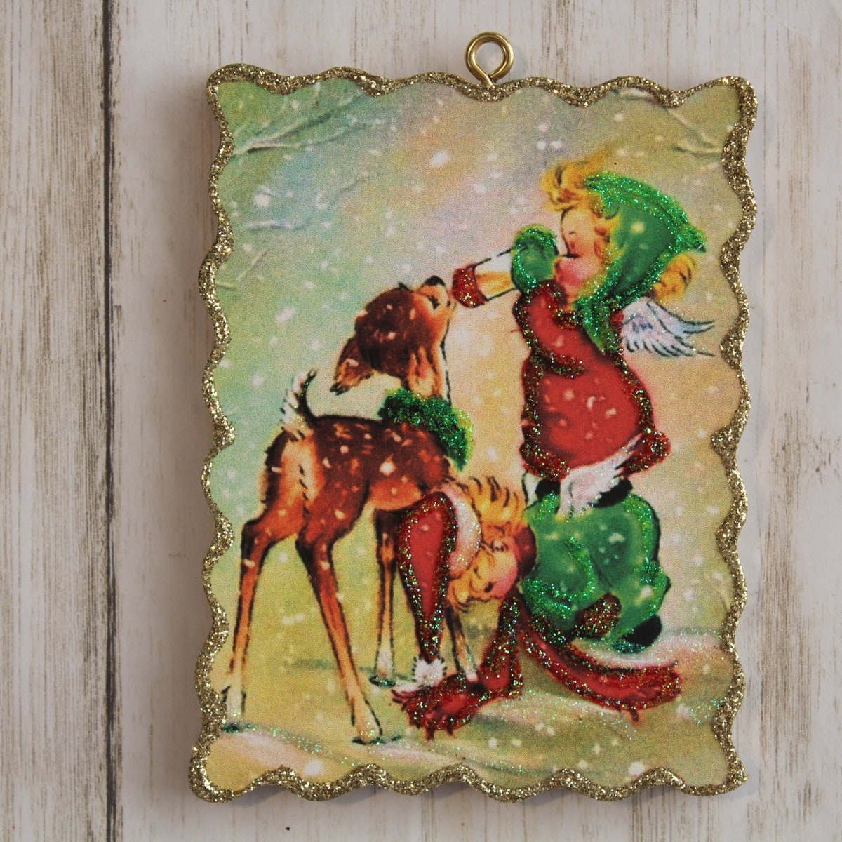 Angels Feeding Fawn a Bottle ~ Christmas Ornament ~ Vintage Card Image ~ Glitter and Wood ~ Holiday Tree Decoration C630 - Etsy