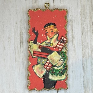 Christmas Lady #12 ~ Christmas Ornament ~ Vintage Card Image ~ Glitter and Wood ~ Holiday Tree Decoration C590