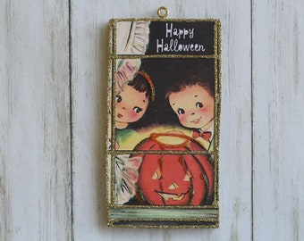 Kids with Pumpkin in Window ~ Glittered Halloween Ornament ~ Vintage Card Image ~ Wood and Glitter ~ Holiday Tree Decoration H178