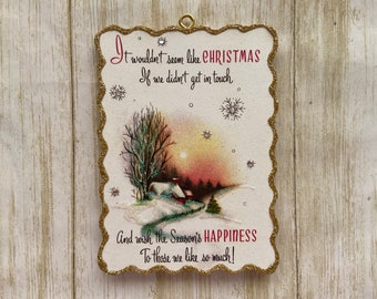 Snow Covered House Greeting ~ Christmas Ornament ~ Vintage Card Image ~ Glitter and Wood ~ Holiday Tree Decoration C1186