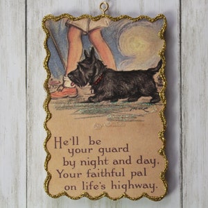 Scottie Dog Motto ~ Glittered Ornament ~ Vintage Card Image ~ Glitter and Wood ~ Holiday Tree Decoration