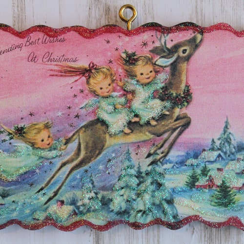 Santa & Little Reindeer Christmas Ornament Vintage Card | Etsy