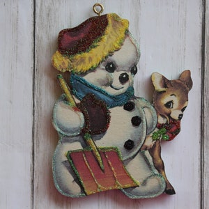 Snowman Walking with Candy Cane * Christmas Tree Ornament * Vintage Card Image * Wood and Glitter * Holiday Decoration C22