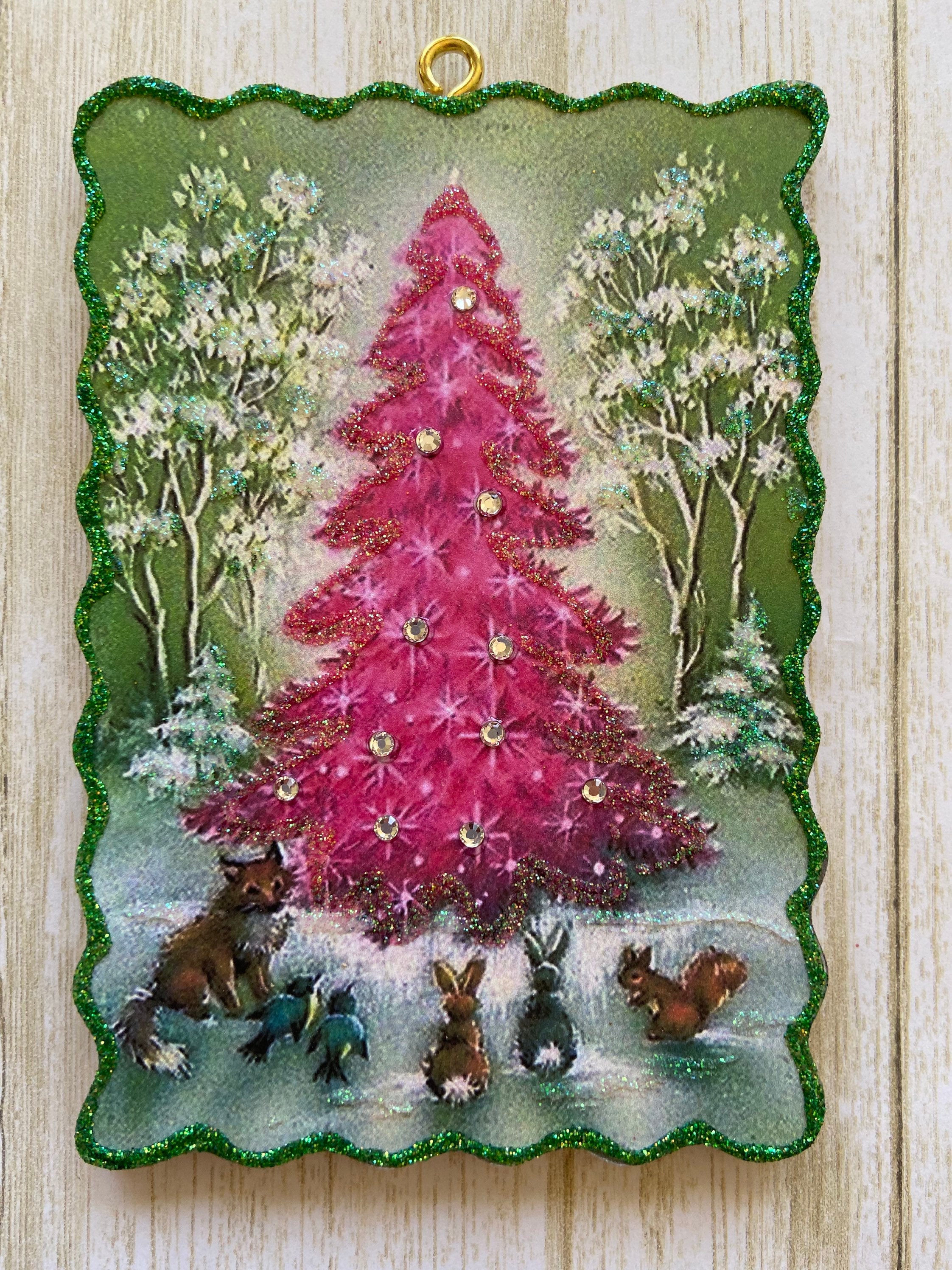 Pink Woodland Tree * Christmas Tree Ornament * Vintage Card Image