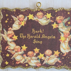 Herald Angels Singing ~ Christmas Ornament ~ Vintage Card Image ~ Glitter and Wood ~ Holiday Tree Decoration C810